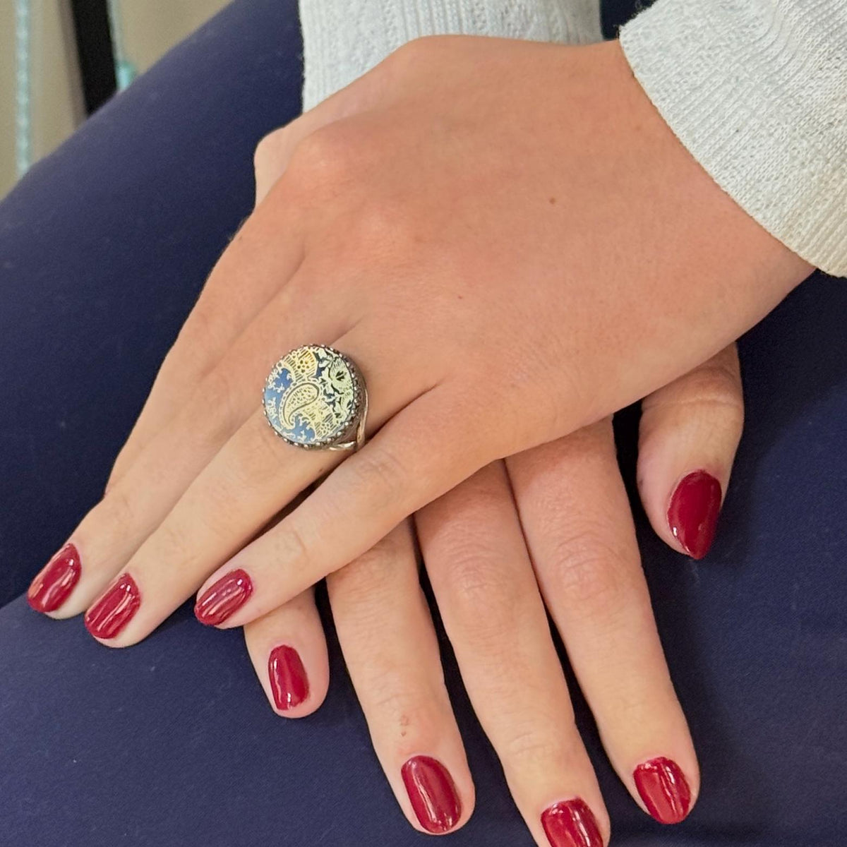 Antique Flow Blue Porcelain Ring, Unique Gifts for Women, Broken China Jewelry, Sterling Silver Adjustable Ring
