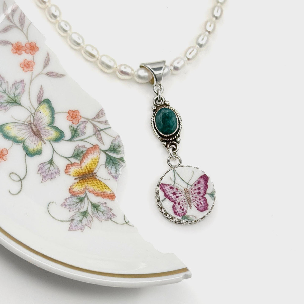 20th Anniversary Gift: Sterling Silver Pearl Necklace with Emerald & China Butterfly Pendant