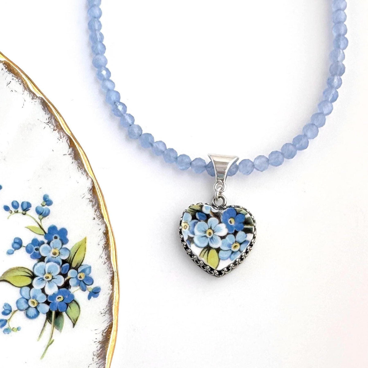 Porcelain Heart Gemstone Cat's Eye Necklace, Forget Me Not 18th Anniversary Jewelry, Romantic Sentimental Heart Necklace
