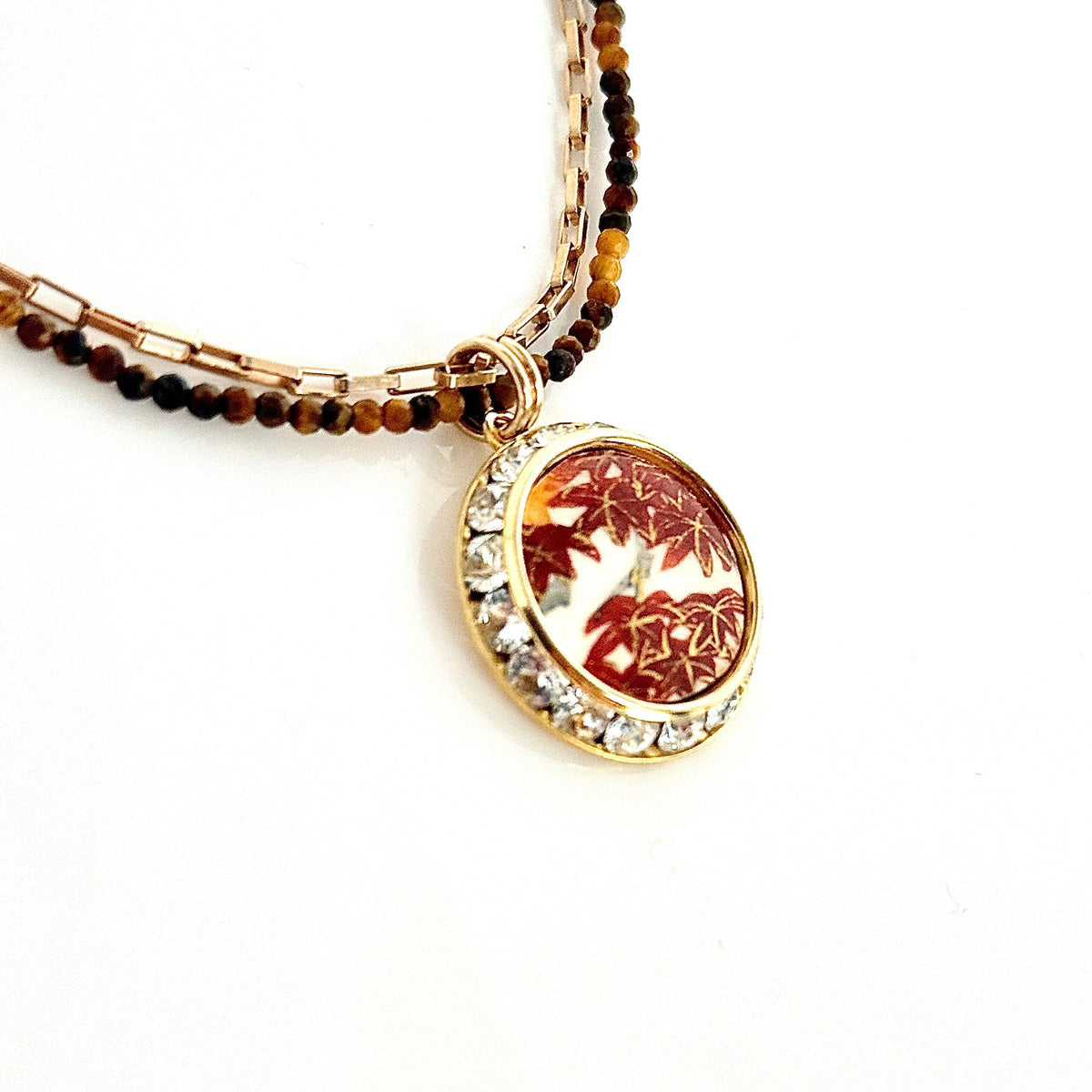 18th Anniversary Porcelain Button Necklace, Tiger Eye, Gold Filled Chain, European Crystals, Antique Hand Painted Button
