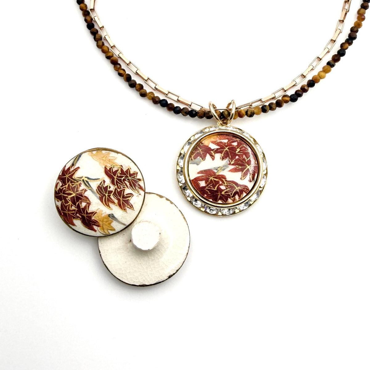 18th Anniversary Porcelain Button Necklace, Tiger Eye, Gold Filled Chain, European Crystals, Antique Hand Painted Button