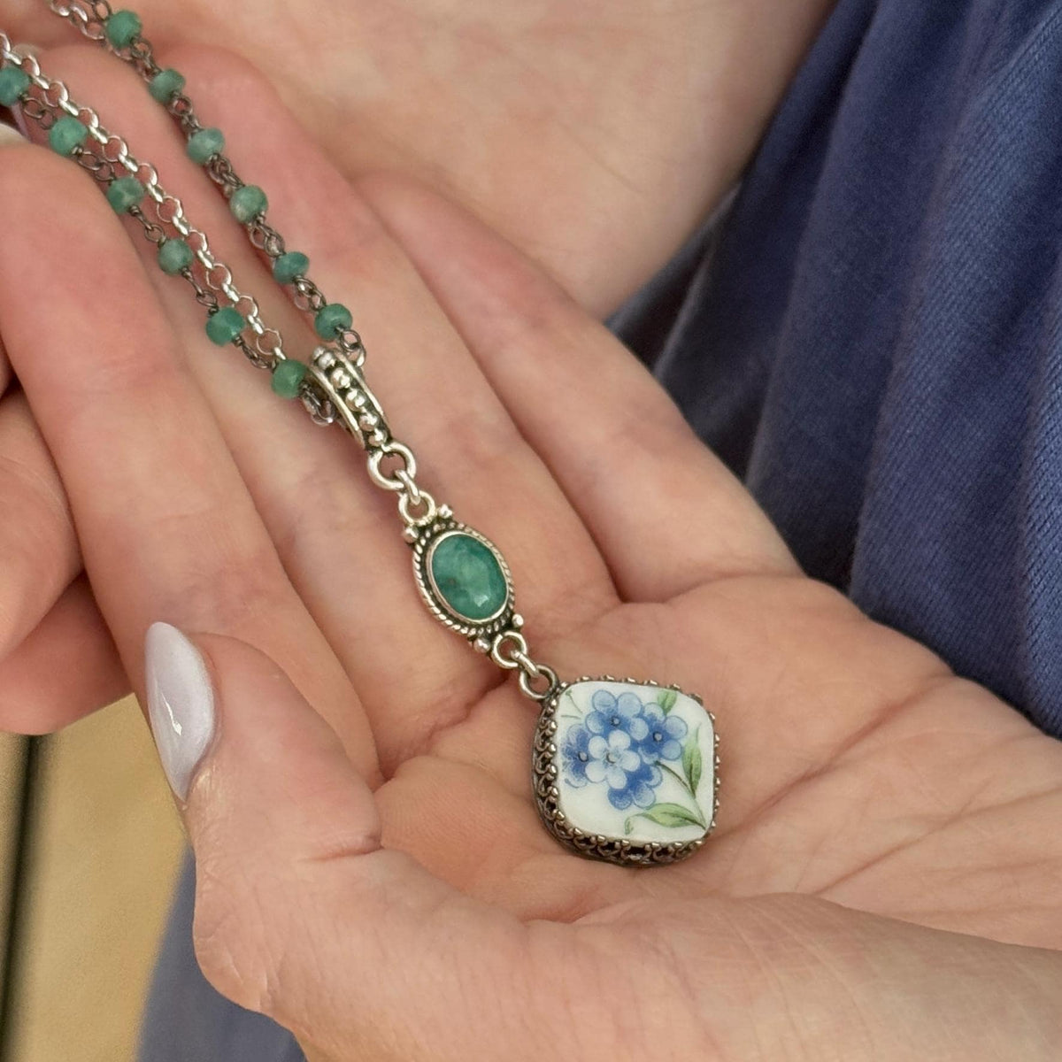 One-of-a-Kind Emerald 20th Anniversary China Gift for Wife, Forget Me Not Gemstone Jewelry Necklace