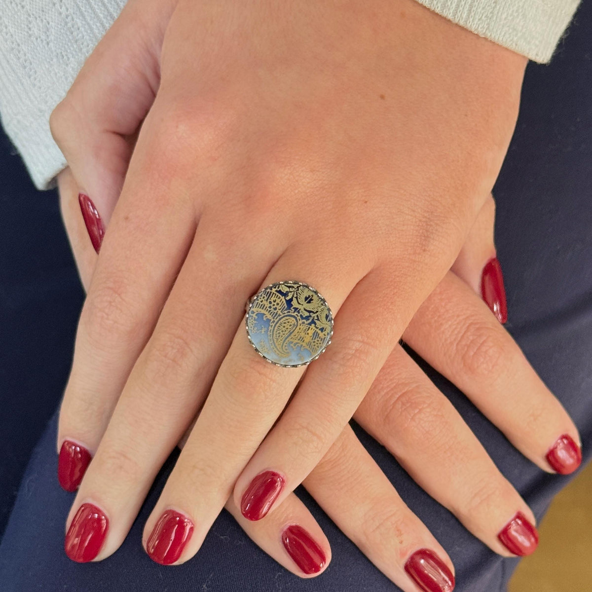 Antique Flow Blue Porcelain Ring, Unique Gifts for Women, Broken China Jewelry, Sterling Silver Adjustable Ring