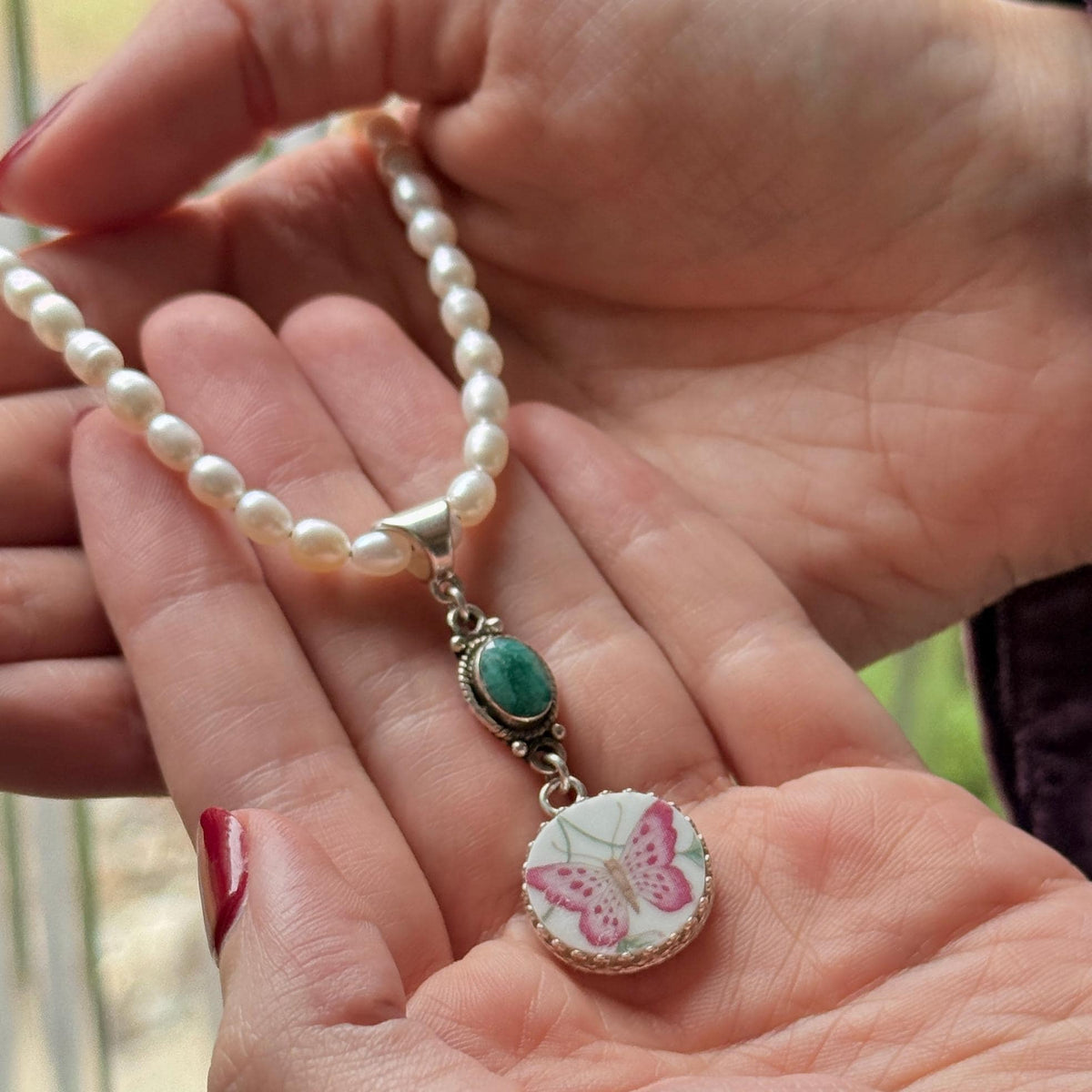 20th Anniversary Gift: Sterling Silver Pearl Necklace with Emerald & China Butterfly Pendant