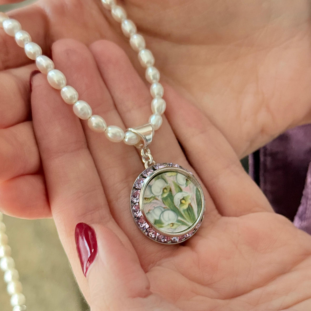 One-of-a-Kind Porcelain Necklace, 18th Anniversary Gift for Wife, Sterling Silver Lily of the Valley Jewelry