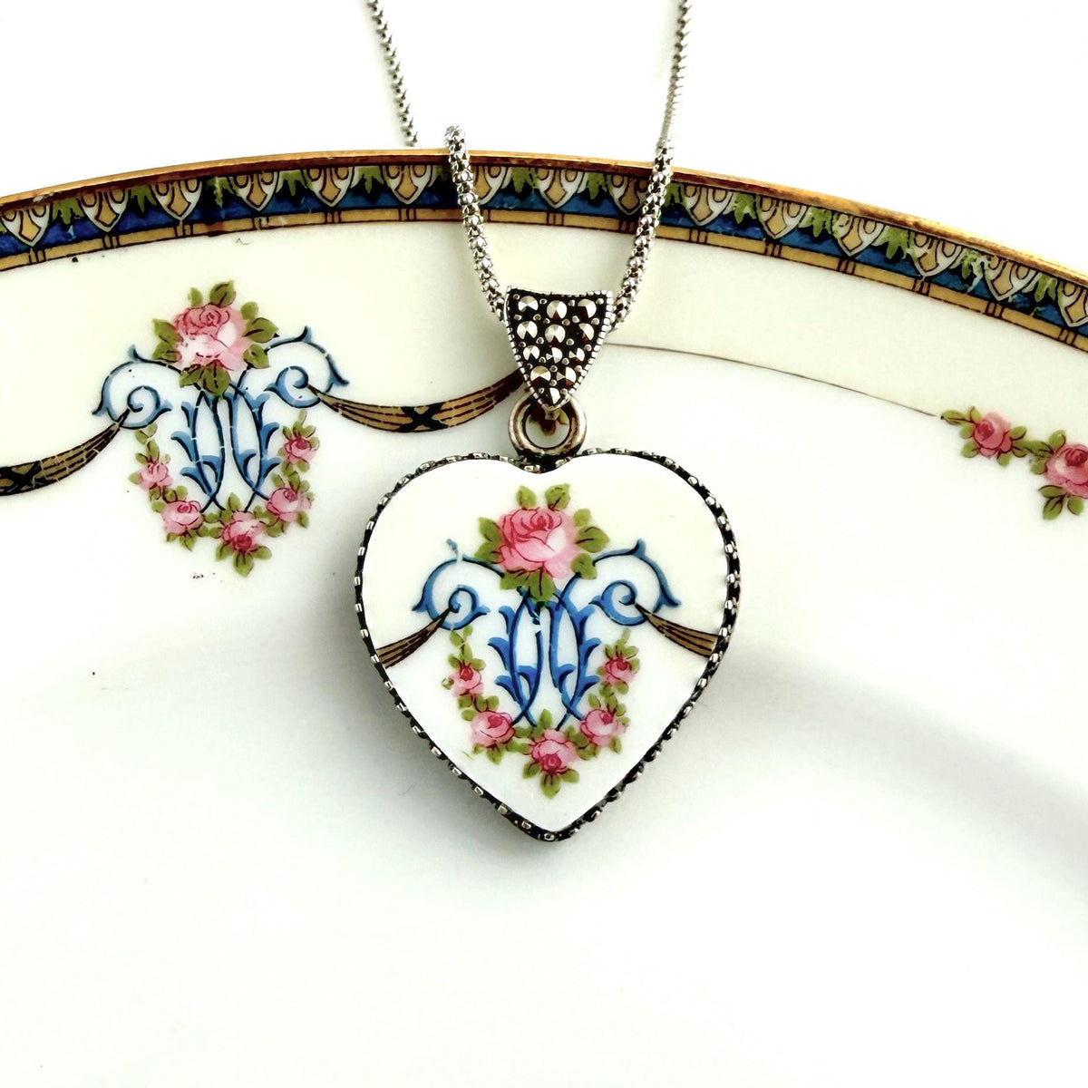 Romantic Jewelry Gift for Wife, Traditional 20th Anniversary Gift, VictorianHeart Necklace, Marcasite Gemstones