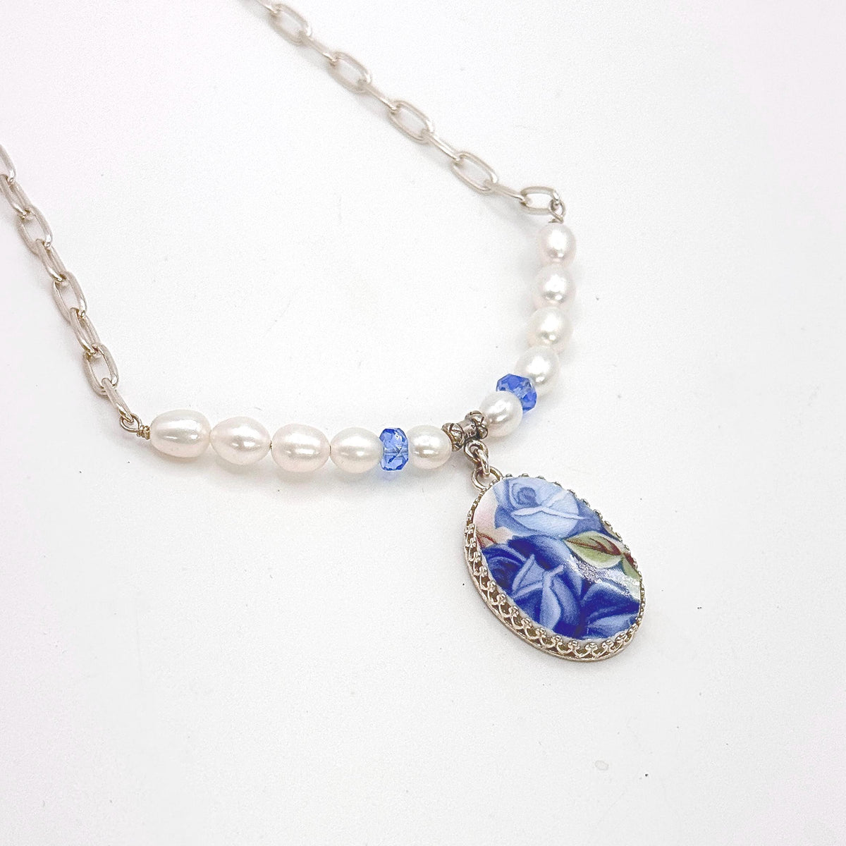 CUSTOM Broken China Jewelry Pearl Necklace, Sapphire Jewelry Gifts, Family Reunion and Memorial Gifts, Sterling Silver