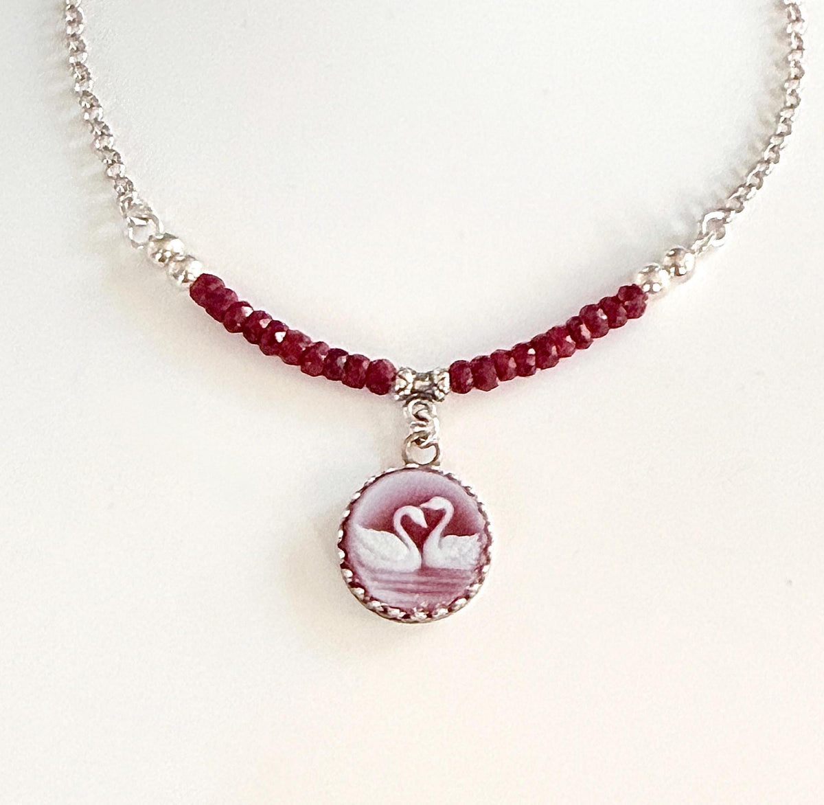 RESERVED Dainty Swan Cameo Necklace, Ruby Bar, Sterling Silver, Gemstone Jewelry Anniversary Gift