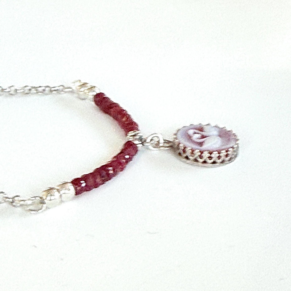 RESERVED Dainty Swan Cameo Necklace, Ruby Bar, Sterling Silver, Gemstone Jewelry Anniversary Gift