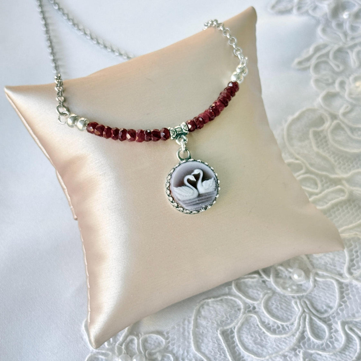 RESERVED Dainty Swan Cameo Necklace, Ruby Bar, Sterling Silver, Gemstone Jewelry Anniversary Gift