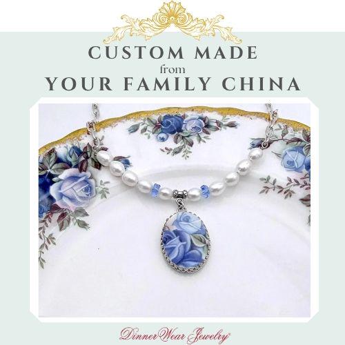 CUSTOM Broken China Jewelry Pearl Necklace, Sapphire Jewelry Gifts, Family Reunion and Memorial Gifts, Sterling Silver