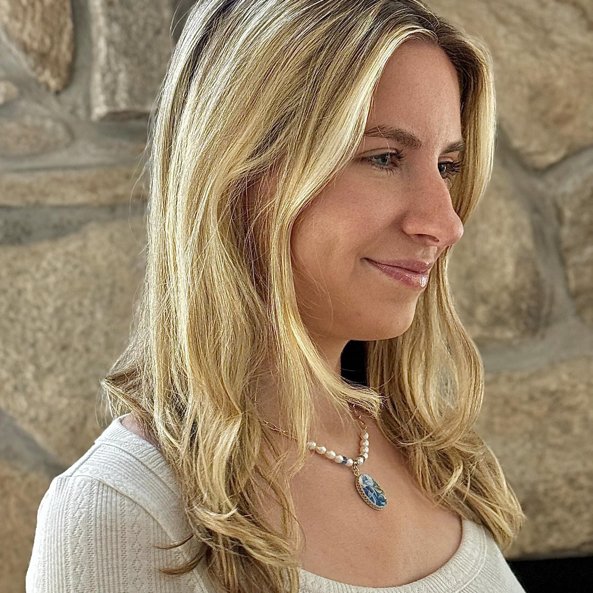 CUSTOM Broken China Jewelry Pearl Necklace, Sapphire Jewelry Gifts, Family Reunion and Memorial Gifts, Sterling Silver