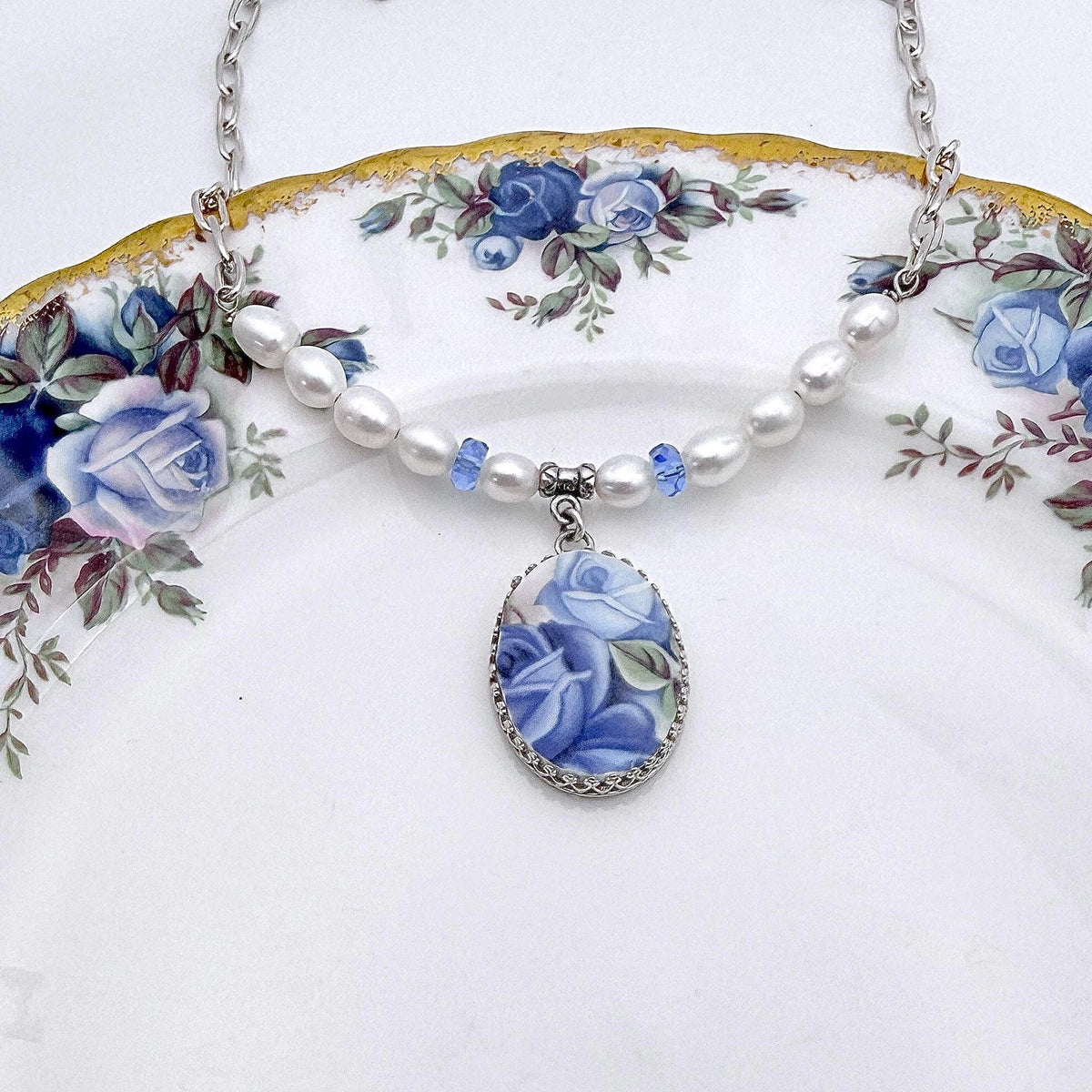 CUSTOM Broken China Jewelry Pearl Necklace, Sapphire Jewelry Gifts, Family Reunion and Memorial Gifts, Sterling Silver