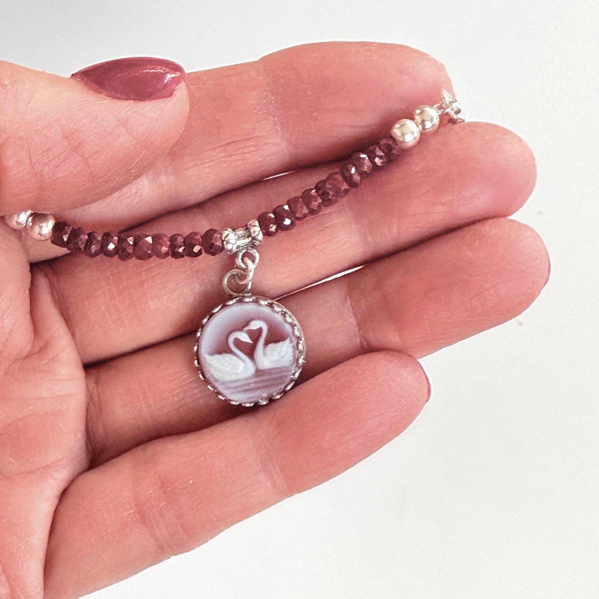 RESERVED Dainty Swan Cameo Necklace, Ruby Bar, Sterling Silver, Gemstone Jewelry Anniversary Gift