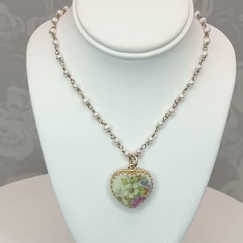 20th Anniversary Gift for Wife, Dainty Gold Pearl Necklace, Broken China Jewelry, Vintage China Heart, Romantic Victorian Gifts for Her