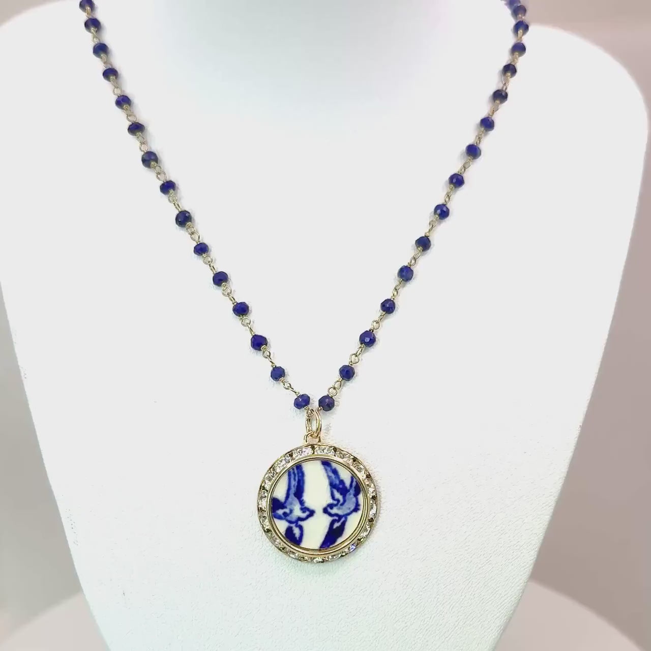 Gold 9th Anniversary Blue Willow Love Birds Necklace, Romantic Lapis Lazuli Anniversary Gifts for Wife, Vintage Broken China Jewelry