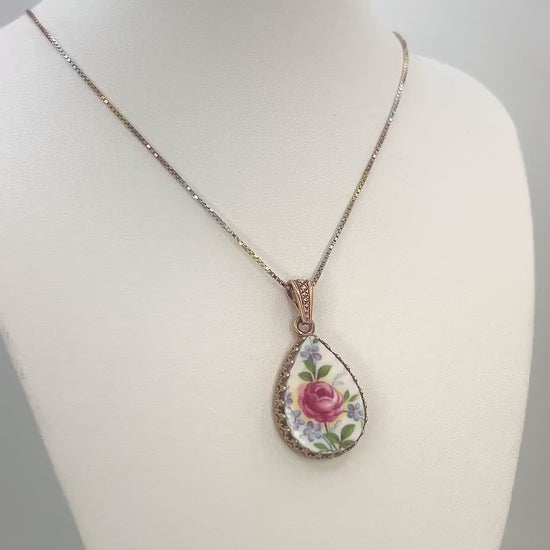 Rose Gold Broken China Jewelry, Rose & Forget me Not Necklace, Tricolor Sterling Chain
