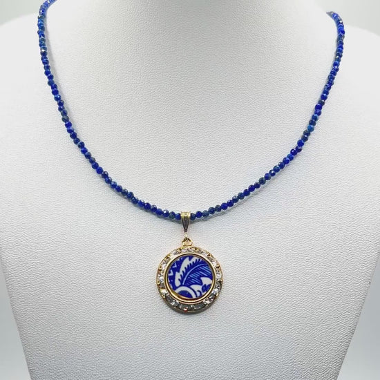 1940s Vintage American Blue Willow China, Lapis Lazuli Gold Crystal Necklace, MCM Jewelry
