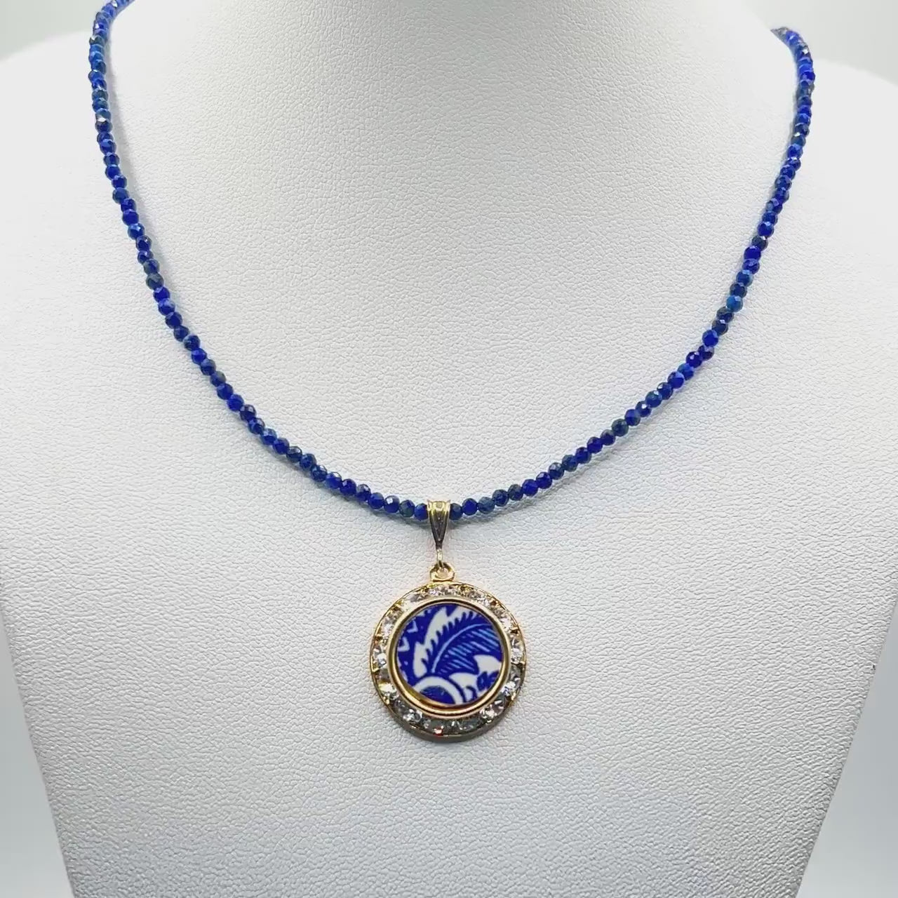 1940s Vintage American Blue Willow China, Lapis Lazuli Gold Crystal Necklace, MCM Jewelry