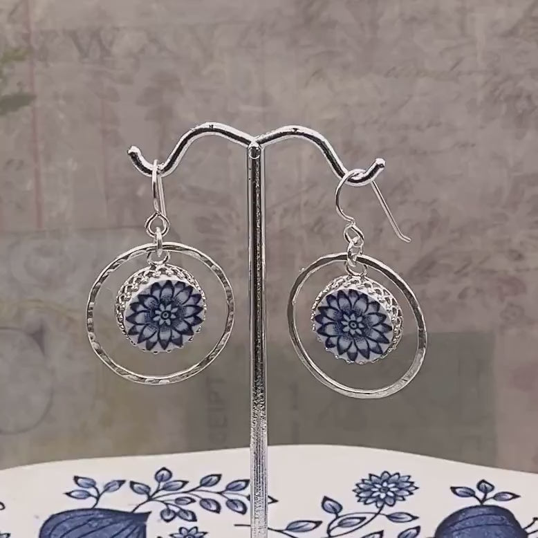 Blue Onion Hammered Silver Broken China Jewelry Earrings, Sterling Silver Circle Earrings, Blue Flower Geometric Earrings, Unique Gifts