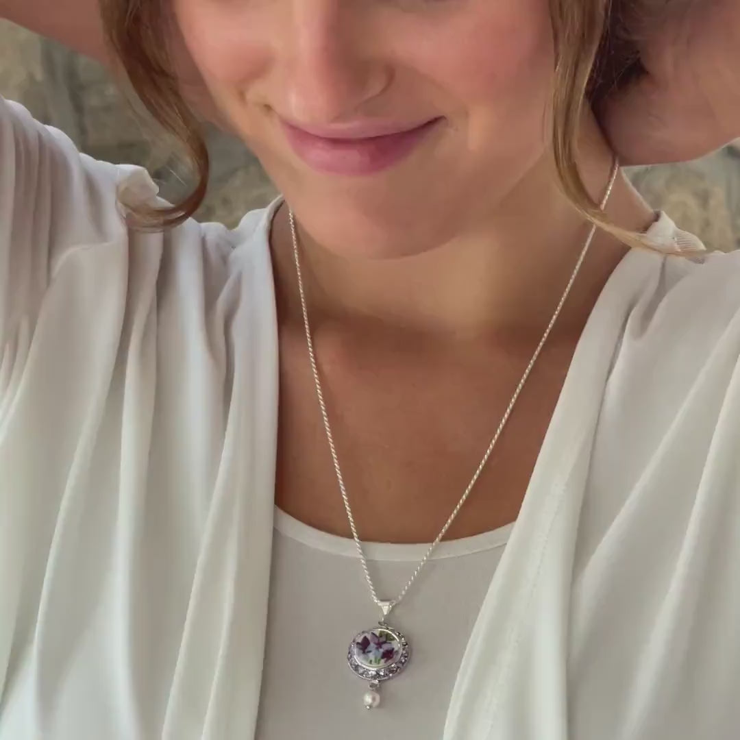 Purple Violet Crystal Necklace, Broken China Jewelry Pearl Pendant, Unique Anniversary Jewelry Gift