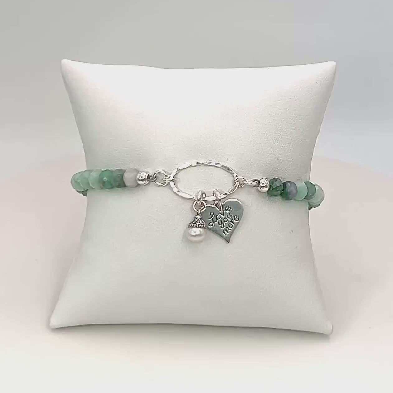20th Anniversary Emerald Gift for Wife, Love You More Sterling Silver Heart Charm and Pearl, Hammered Silver, Adjustable, Dainty Jewelry