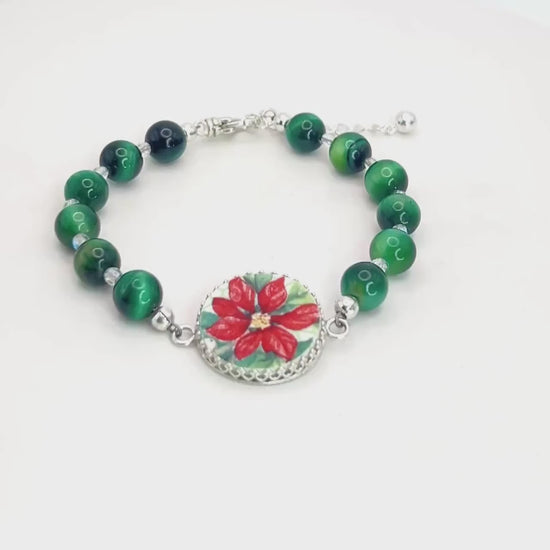 Red Poinsettia Christmas Bracelet, Unique Broken China Jewelry, Green Cats Eye Gemstone, Gifts for Her
