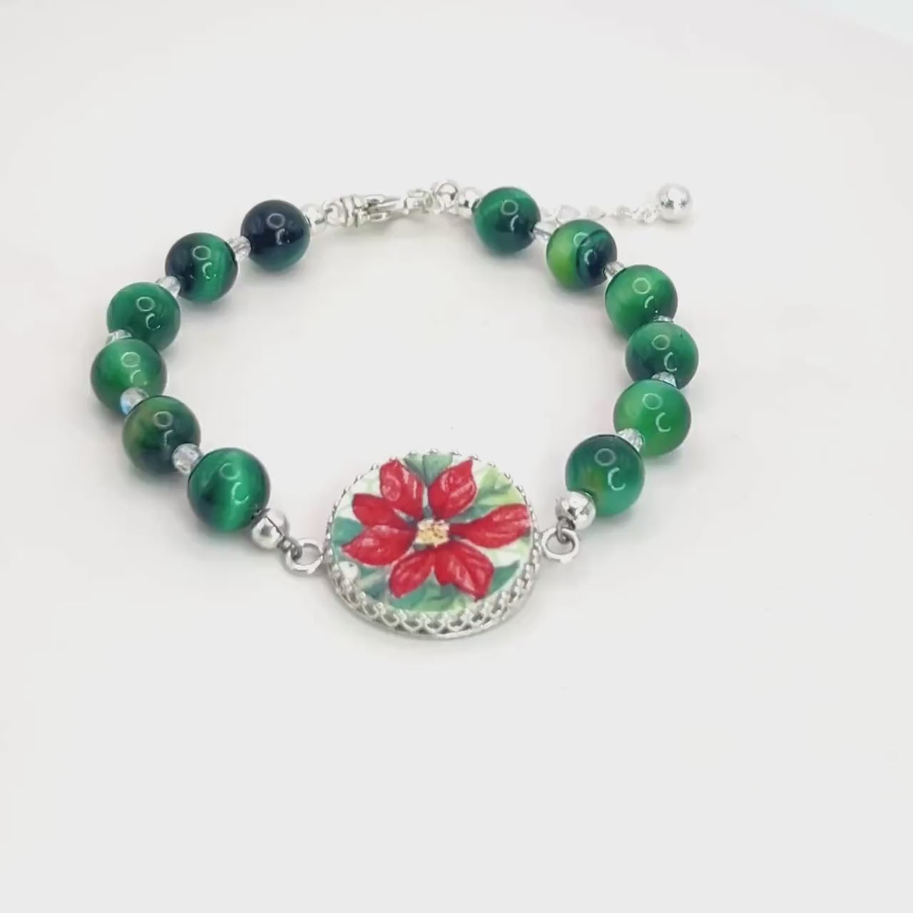 Red Poinsettia Christmas Bracelet, Unique Broken China Jewelry, Green Cats Eye Gemstone, Gifts for Her