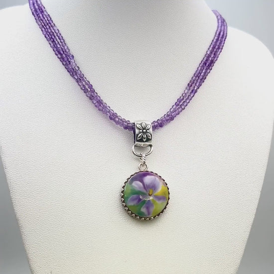 18th Anniversary Gift for Wife, Antique Porcelain Button Jewelry, Sterling Silver Purple Amethyst Necklace