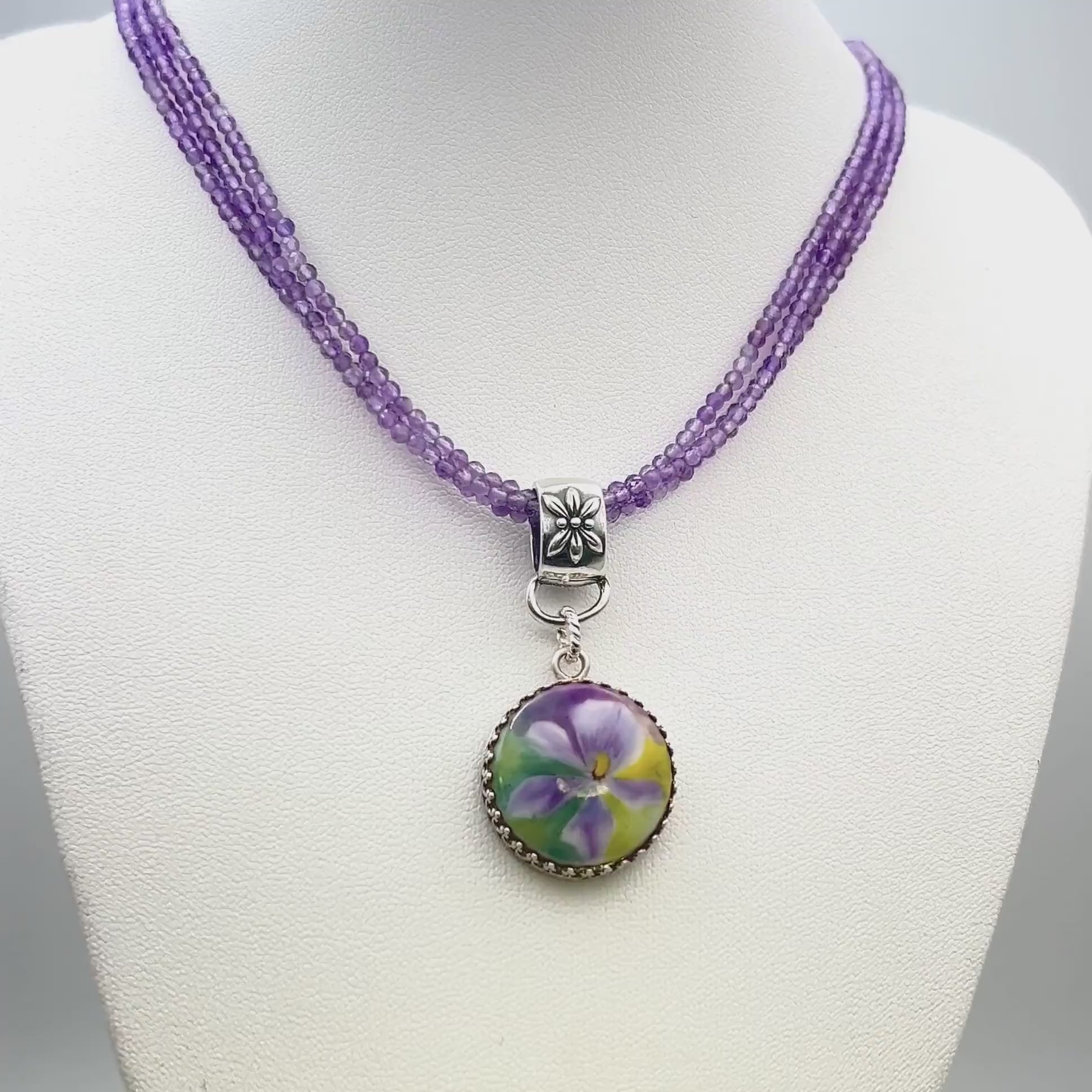 18th Anniversary Gift for Wife, Antique Porcelain Button Jewelry, Sterling Silver Purple Amethyst Necklace