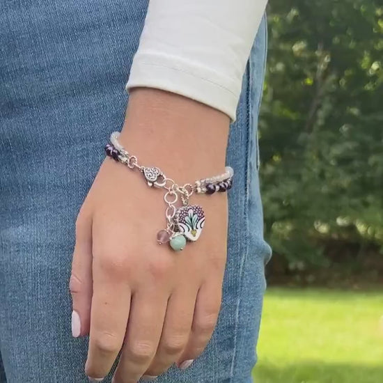 Heart Charm Bracelet & Earrings Set, Broken China Jewelry, Unique Anniversary Gifts for Women