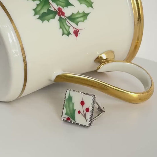 Lenox Holiday China, Sterling Silver Square Holly Christmas Ring, Adjustable