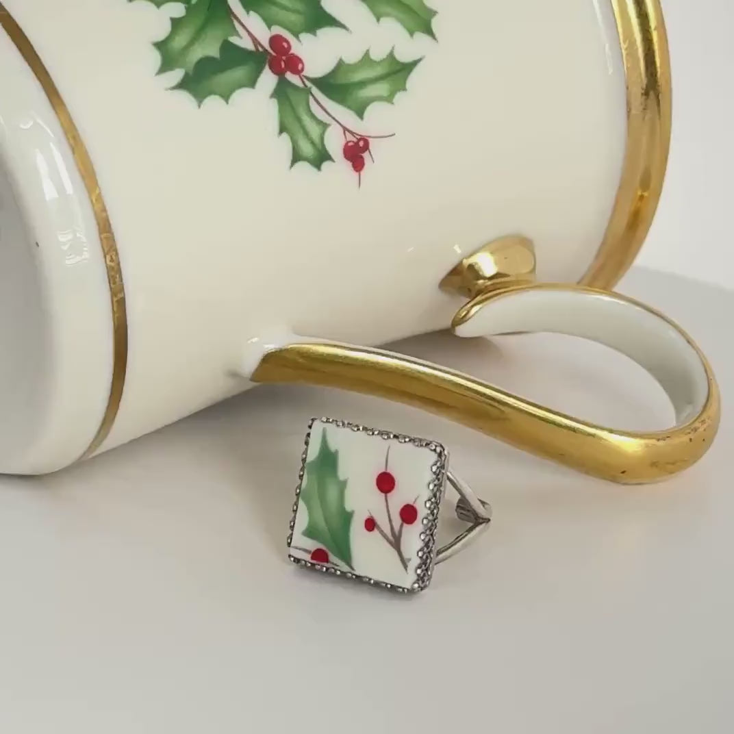 Lenox Holiday China, Sterling Silver Square Holly Christmas Ring, Adjustable
