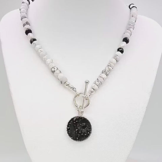Vintage Black Glass Button Necklace, Victorian Statement Jewelry, Black Onyx, Freshwater Pearl and Howlite Semi Precious Stones