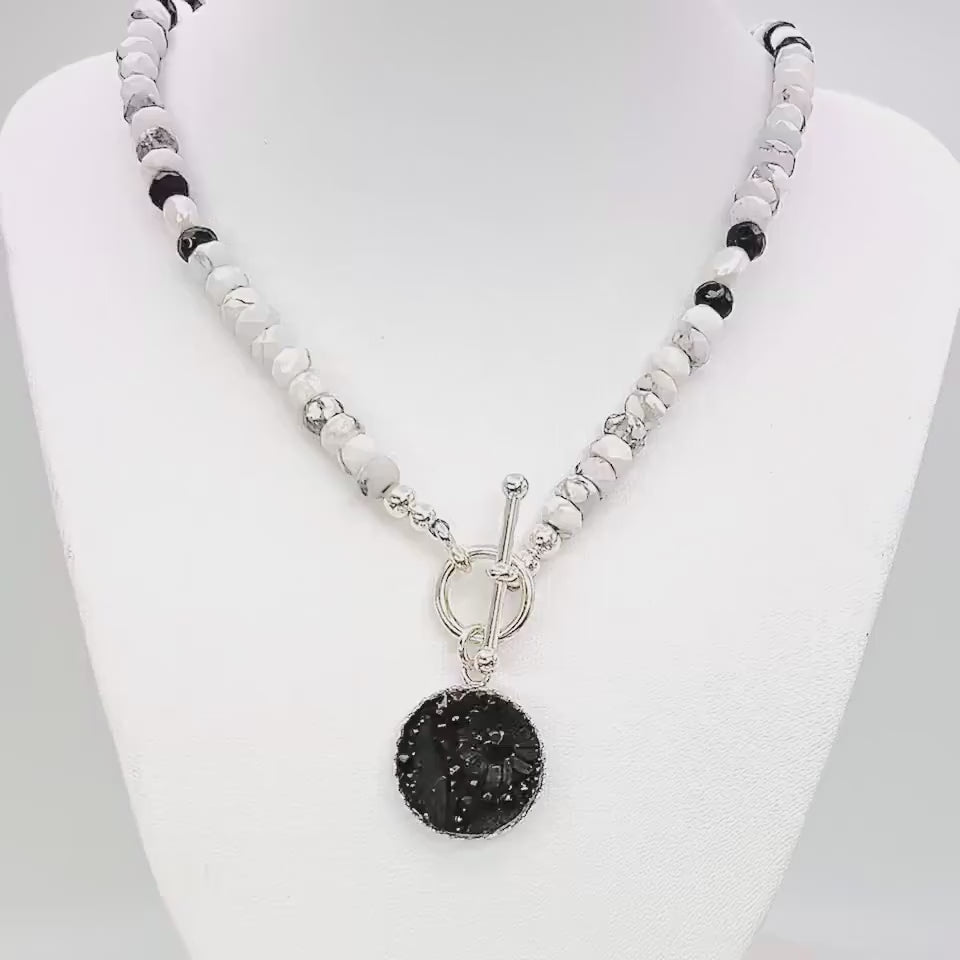 Vintage Black Glass Button Necklace, Victorian Statement Jewelry, Black Onyx, Freshwater Pearl and Howlite Semi Precious Stones