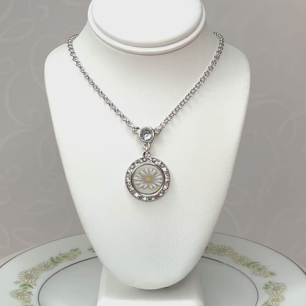 Dainty Daisy Crystal Necklace, 20th Anniversary Gift for Wife, Broken China Jewelry,