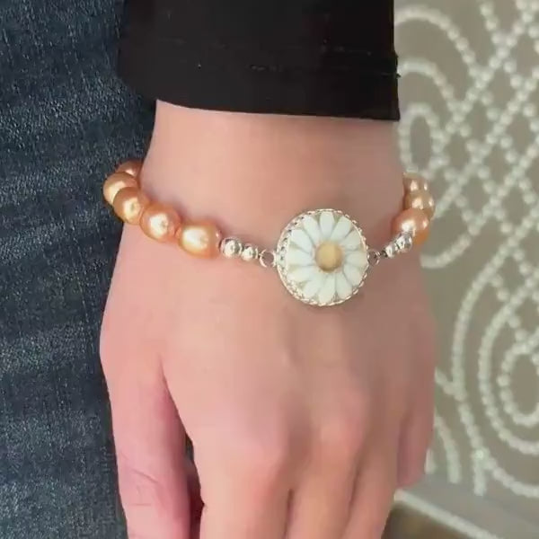 Antique Daisy Button Bracelet, Hand Painted Porcelain Jewelry, 18th Anniversary Gift for Wife, Peach Pearl Spring Bracelet