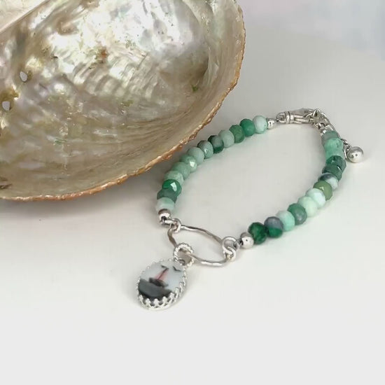 Emerald Sailboat Bracelet, Dainty Pearl Summer Jewelry, 20th Anniversary Nautical Gift for Wife