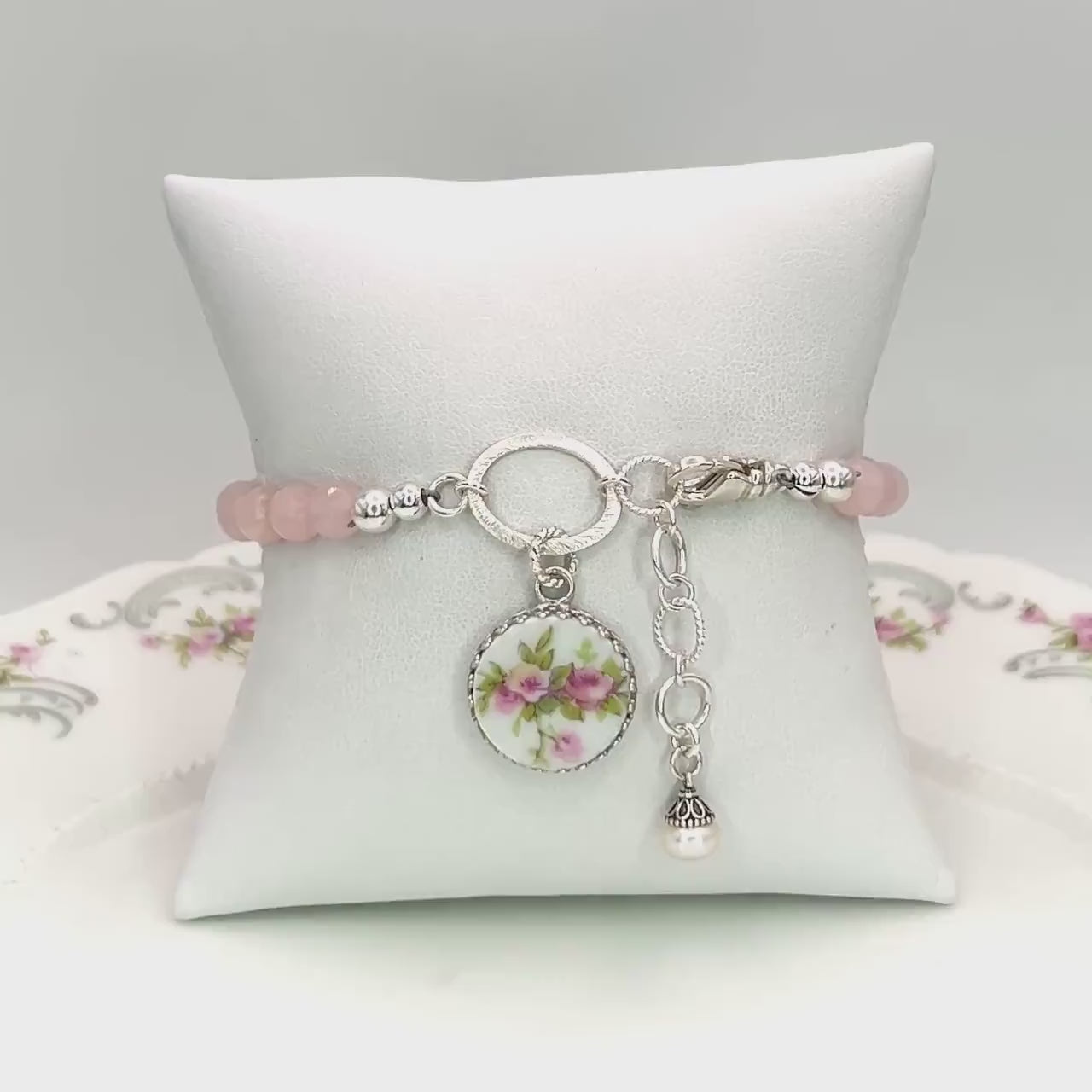 Antique French Limoges Porcelain Bracelet, Romantic 18th Anniversary Gifts for Wife, Rose Quartz Jewelry