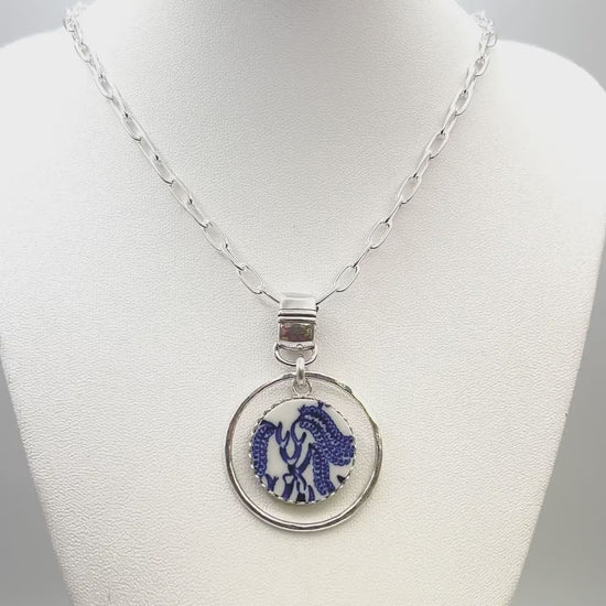 Repurposed Blue Willowb China Tree Necklace, Hammered Sterling Silver Statement Necklace, Vintage Willow Necklace