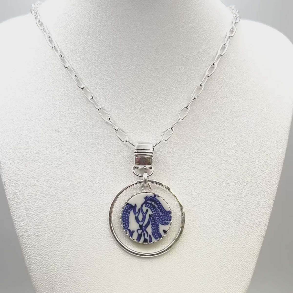Repurposed Blue Willowb China Tree Necklace, Hammered Sterling Silver Statement Necklace, Vintage Willow Necklace