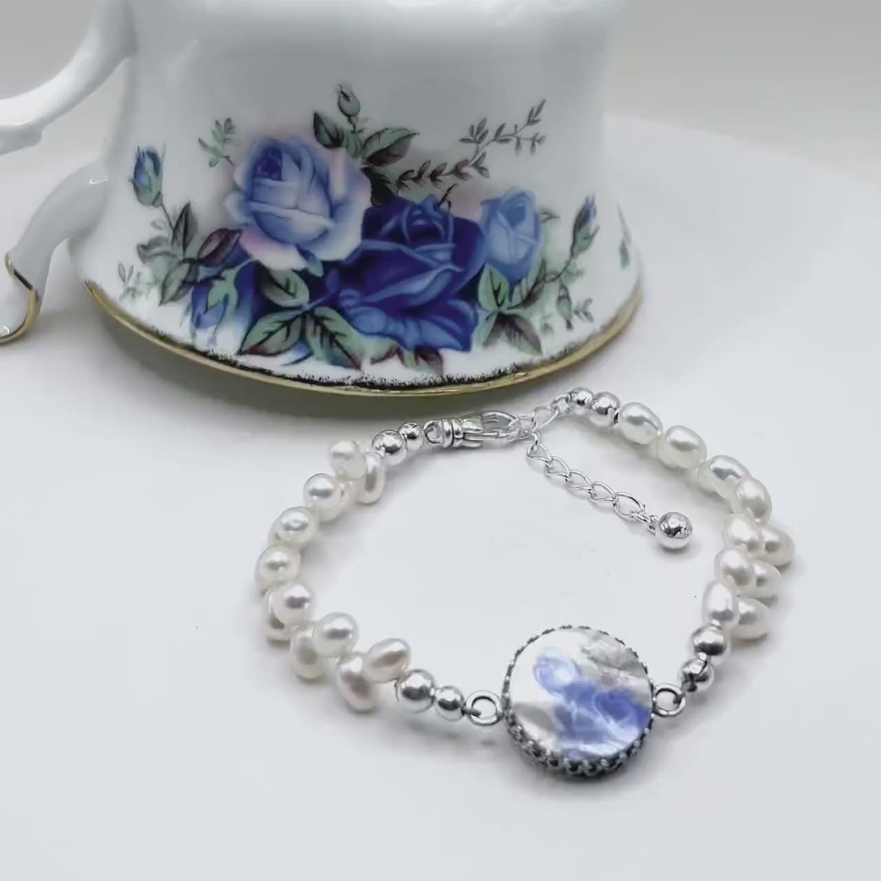 20th Anniversary Broken China Jewelry Gift for Wife, Dainty Pearl Bracelet, Royal Albert Moonlight Rose China Bracelet, Sterling Silver