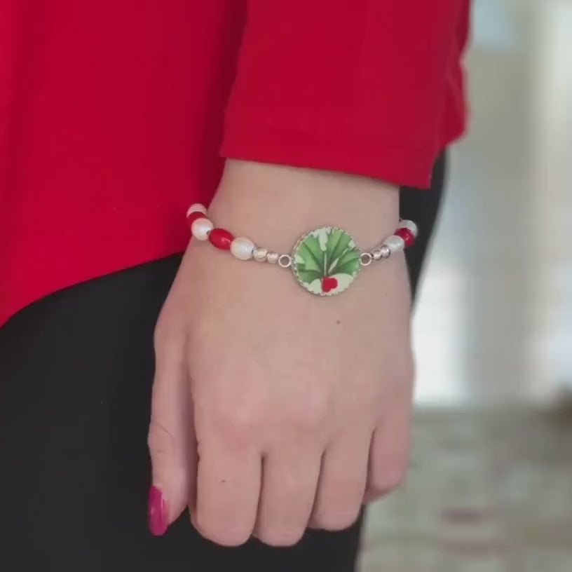 Unique Lenox Holiday Broken China Jewelry Bracelet, Pearl and Red Coral Bracelet, Christmas Gifts for Women