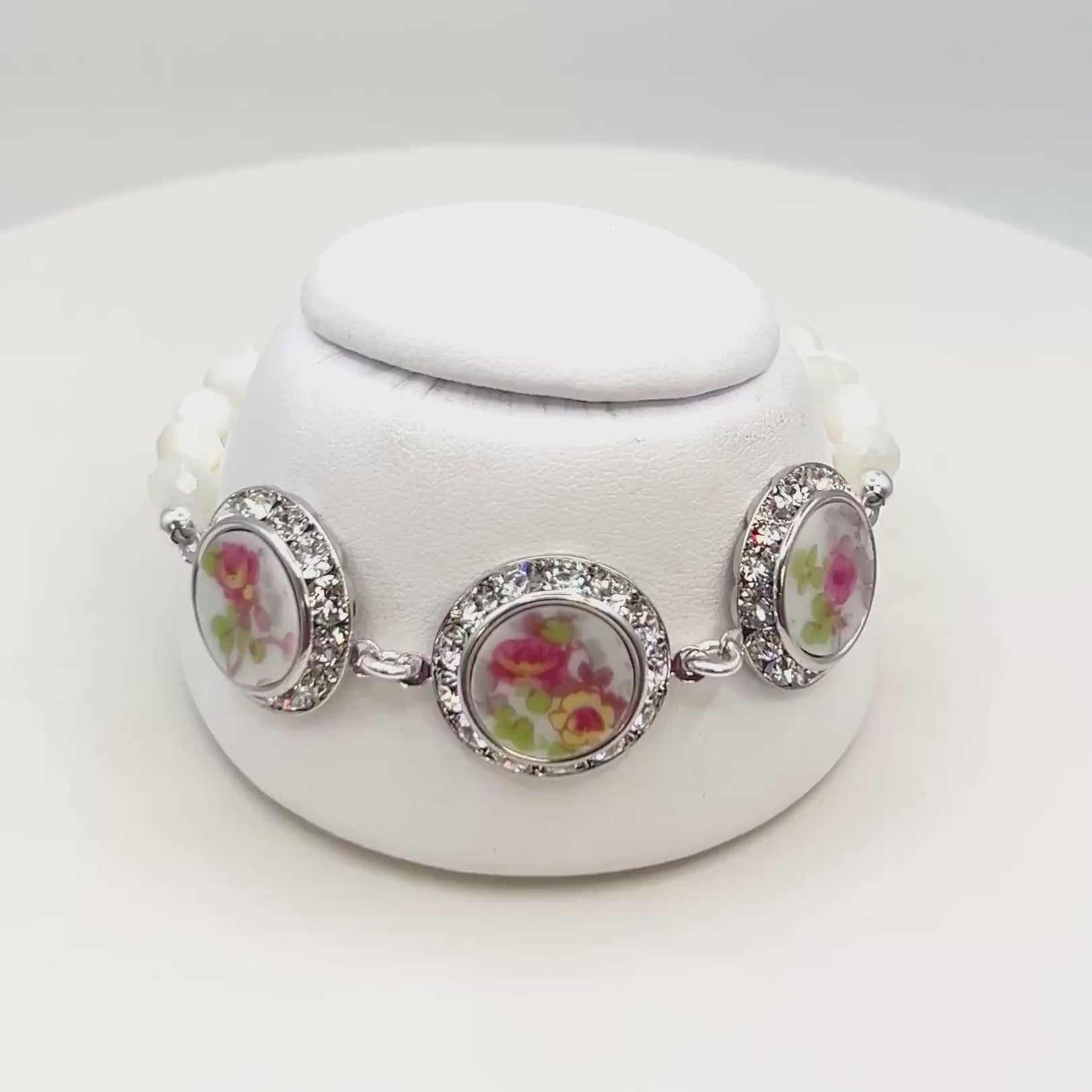 One-of-a-Kind Crystal Charm Bracelet, 18th Anniversary Porcelain Gift for Wife, French Limoges China