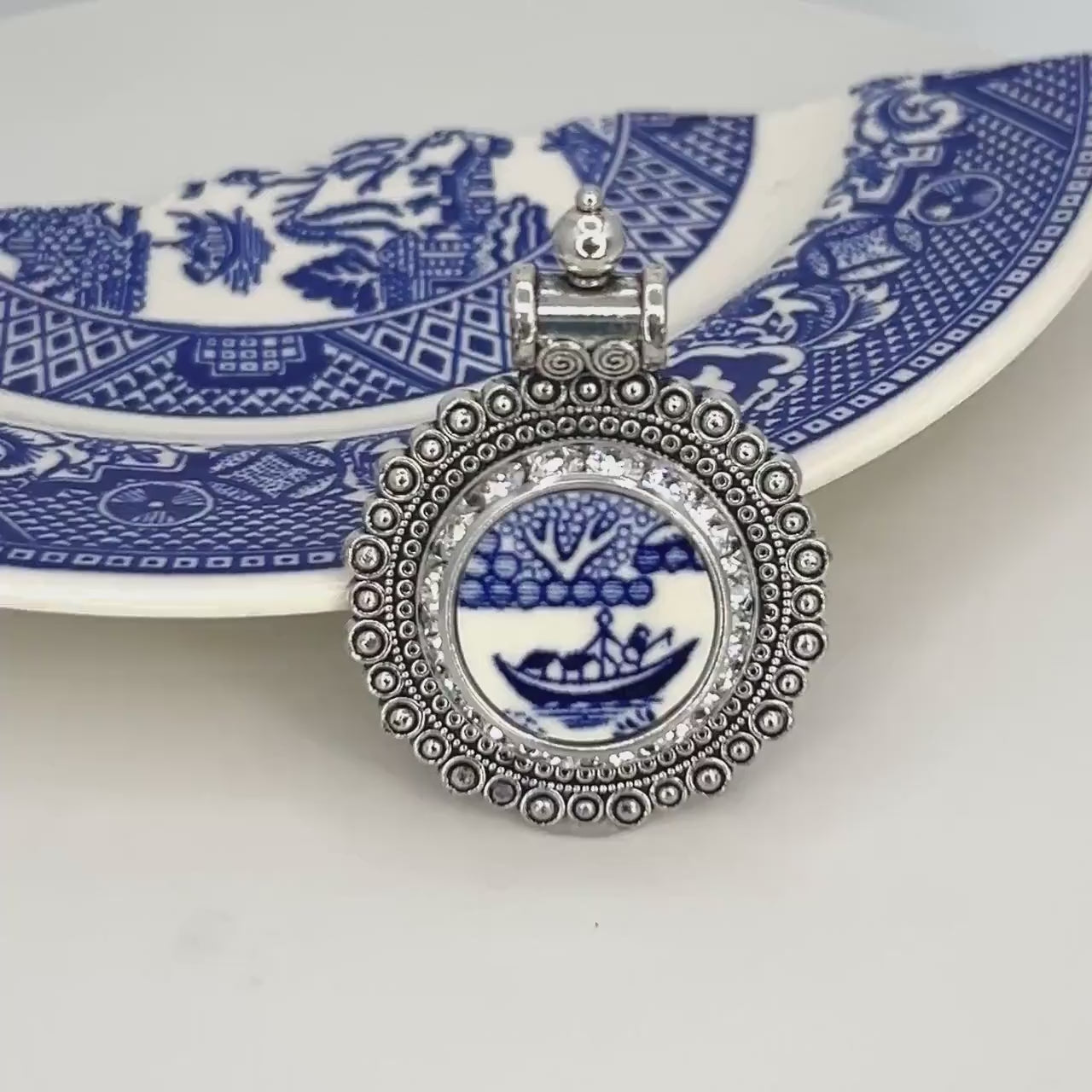 One-of-a-Kind Crystal Pendant, Blue Willow Broken China Jewelry, Nautical Boat Jewelry