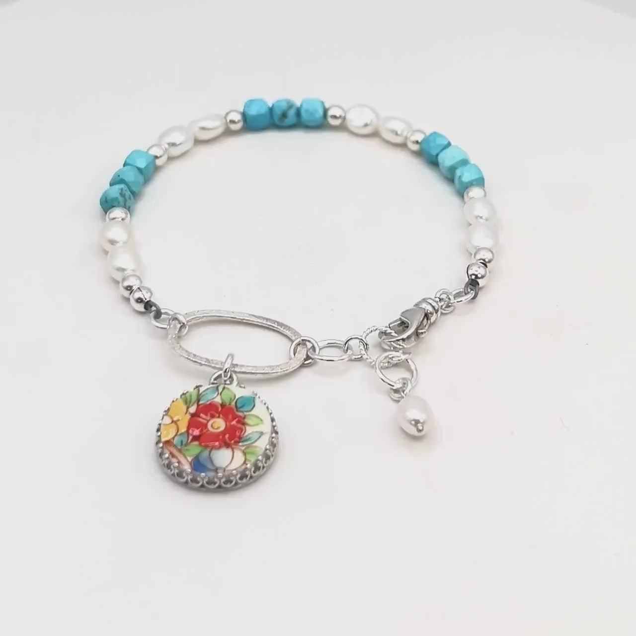 One-of-a-Kind Turquoise & Pearl Poppy Bracelet, Colorful Summer Jewelry, 20th  Anniversary Gift for Wife