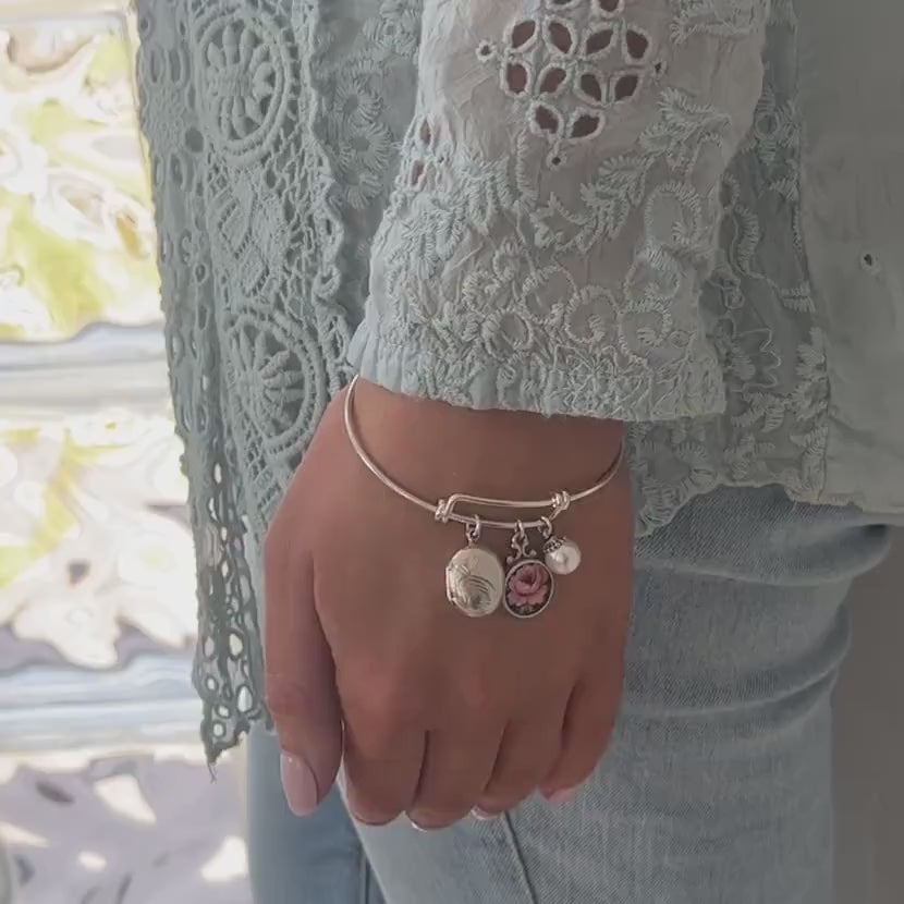 Locket Charm Bracelet, Vintage Chintz Broken China Jewelry, Unique Graduation Gift for Her