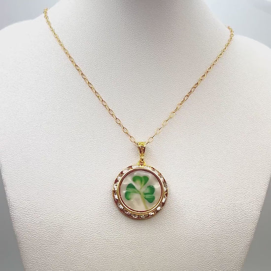 Gold Shamrock Crystal Necklace, Celtic Broken China Jewelry, Irish Belleek Pendant Necklace