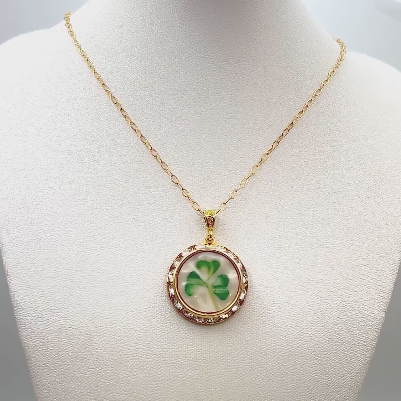 Gold Shamrock Crystal Necklace, Celtic Broken China Jewelry, Irish Belleek Pendant Necklace