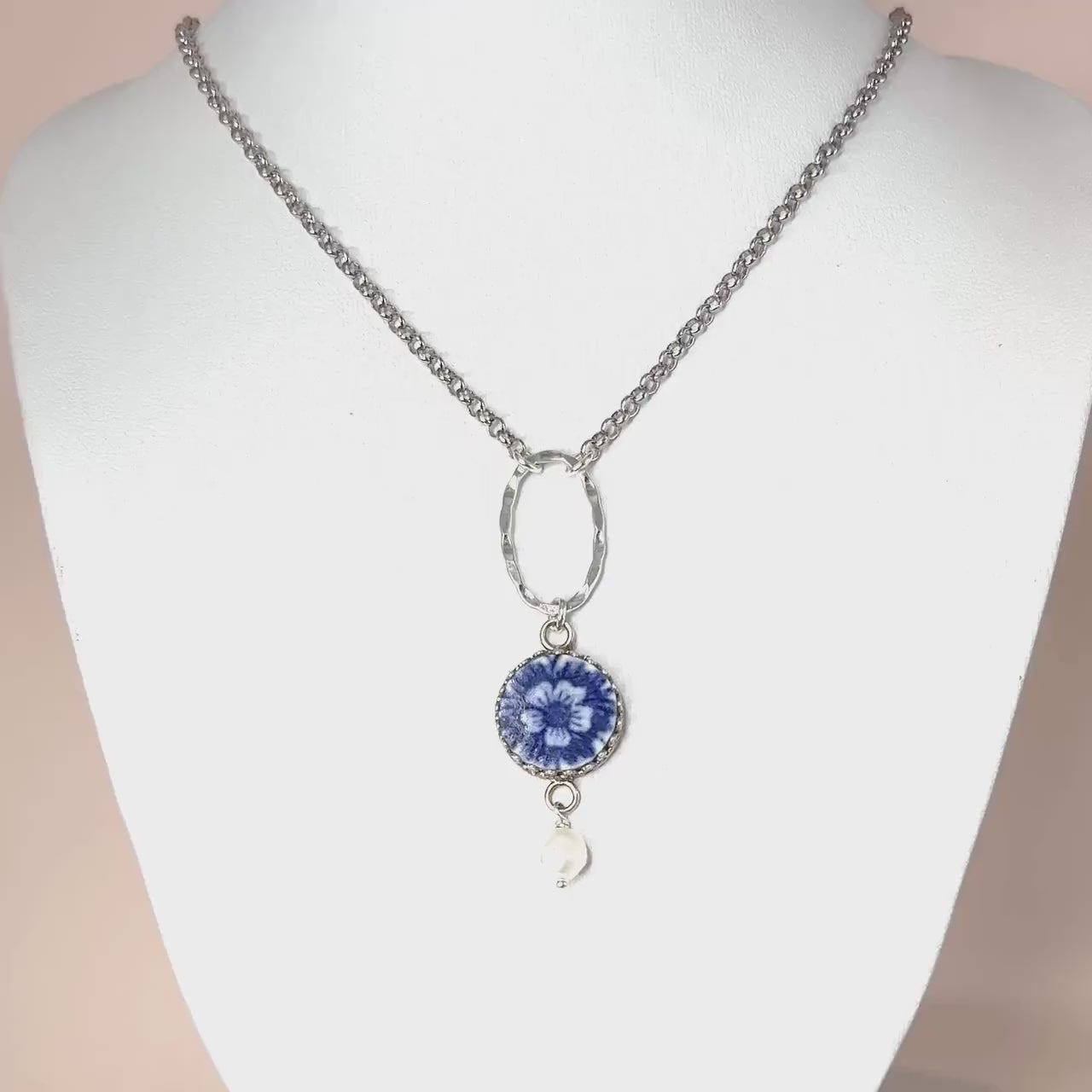 Blue Delft Broken China Jewelry Pendant, 20th Anniversary Gift for Wife, Flower Necklace, Unique Gift